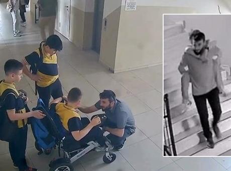 Yer: Bursa... Müdür yardımcısı bedensel engelli öğrencisini sırtında taşıdı