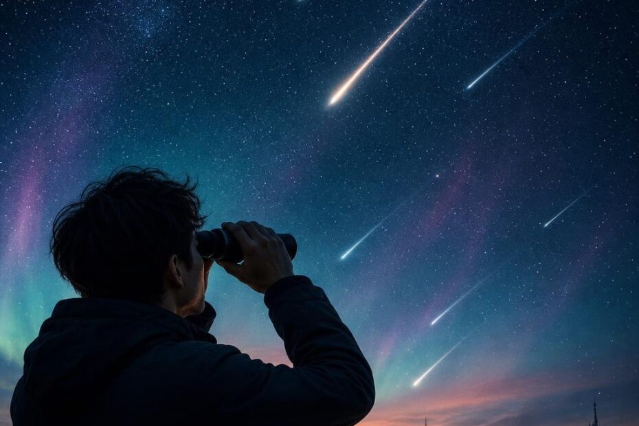 Yaz gecesinde gökyüzünü izleyen bir şehir silueti ve meteor yağmuru görünümü