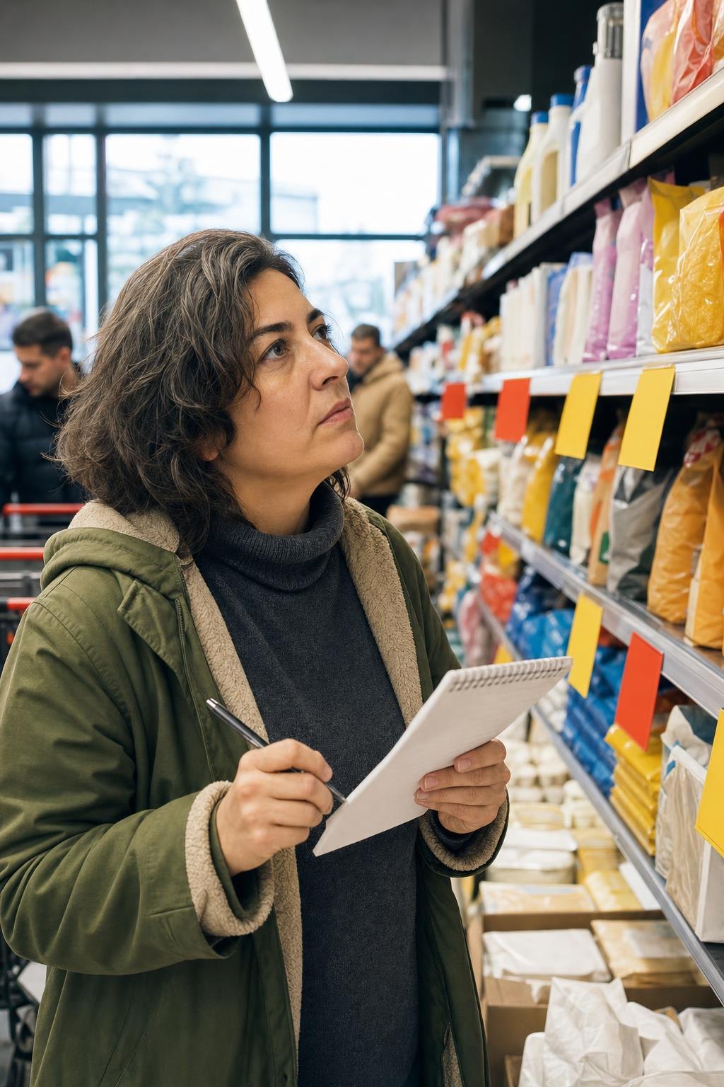 Market indirim raflarını inceleyen alışveriş yapan kişi