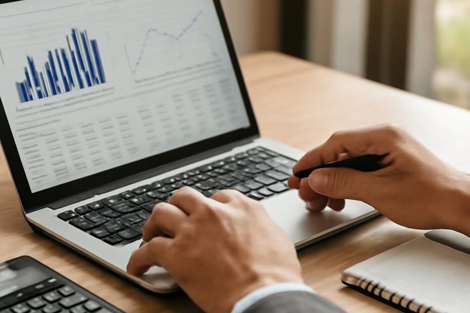 Bilgisayar ekranındaki bilanço verilerini hesap makinesiyle inceleyen kişi