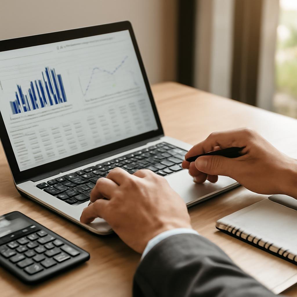 Bilgisayar ekranındaki bilanço verilerini hesap makinesiyle inceleyen kişi