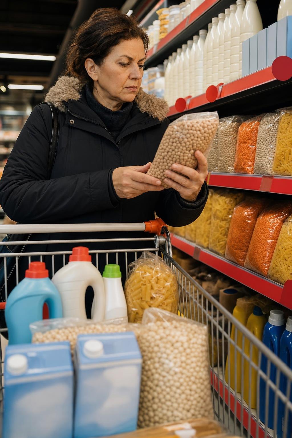 Market indirimlerini inceleyen bir alışveriş sahnesi