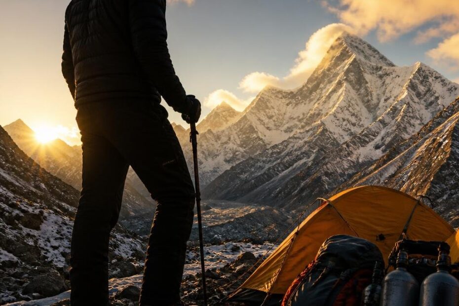 Khumbu Vadisi baz kampı ve rehber silueti
