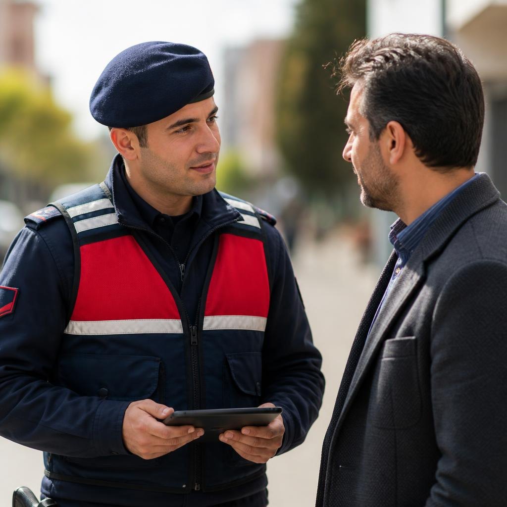 Sokakta jandarma ile konuşan vatandaş, editoryal fotoğraf