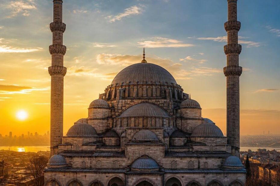 Namaz vakitleri temasını çağrıştıran şehir ve cami silueti