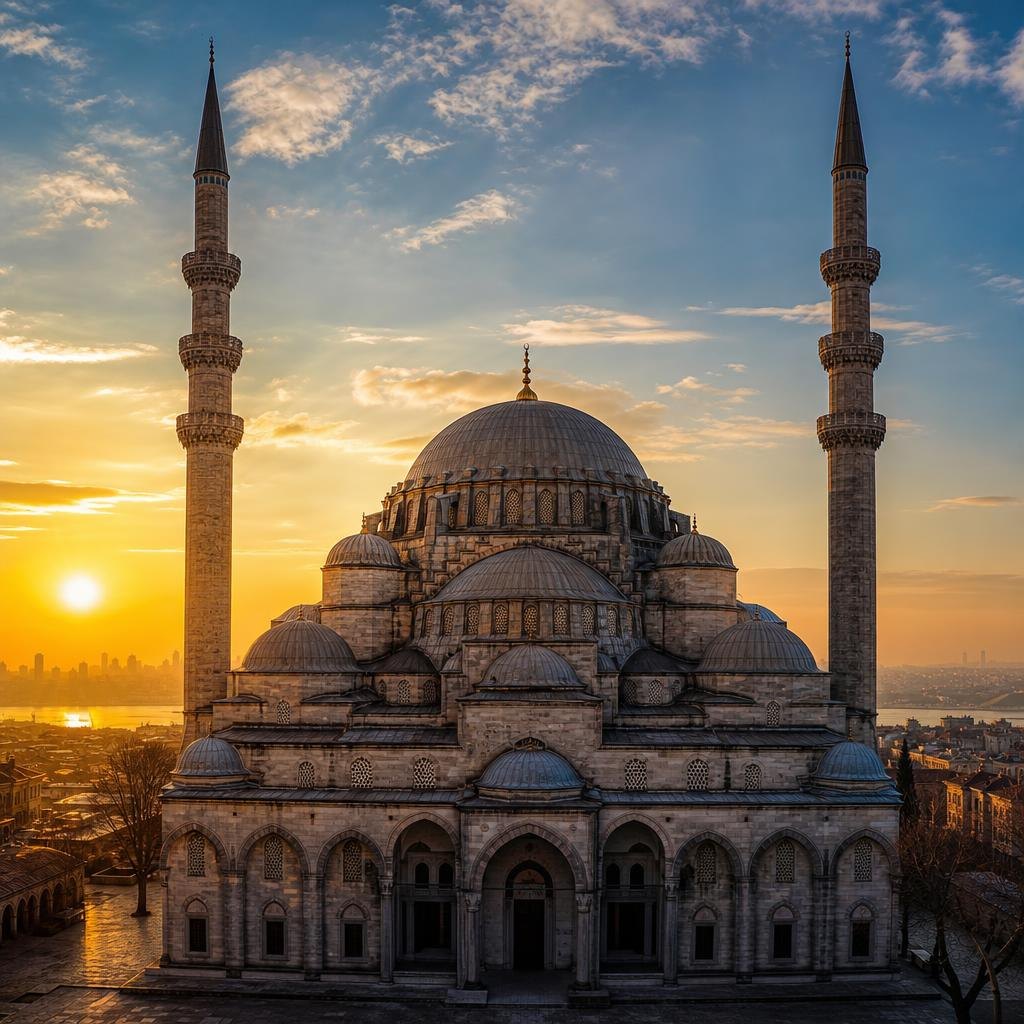 Namaz vakitleri temasını çağrıştıran şehir ve cami silueti