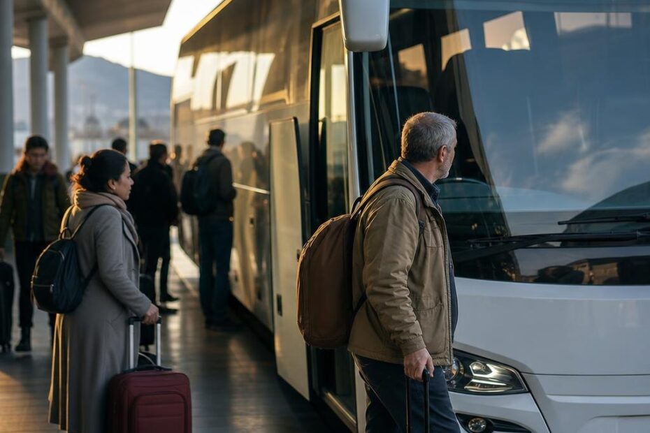 Şehirlerarası otobüs terminalinde yolcular ve perondaki otobüs