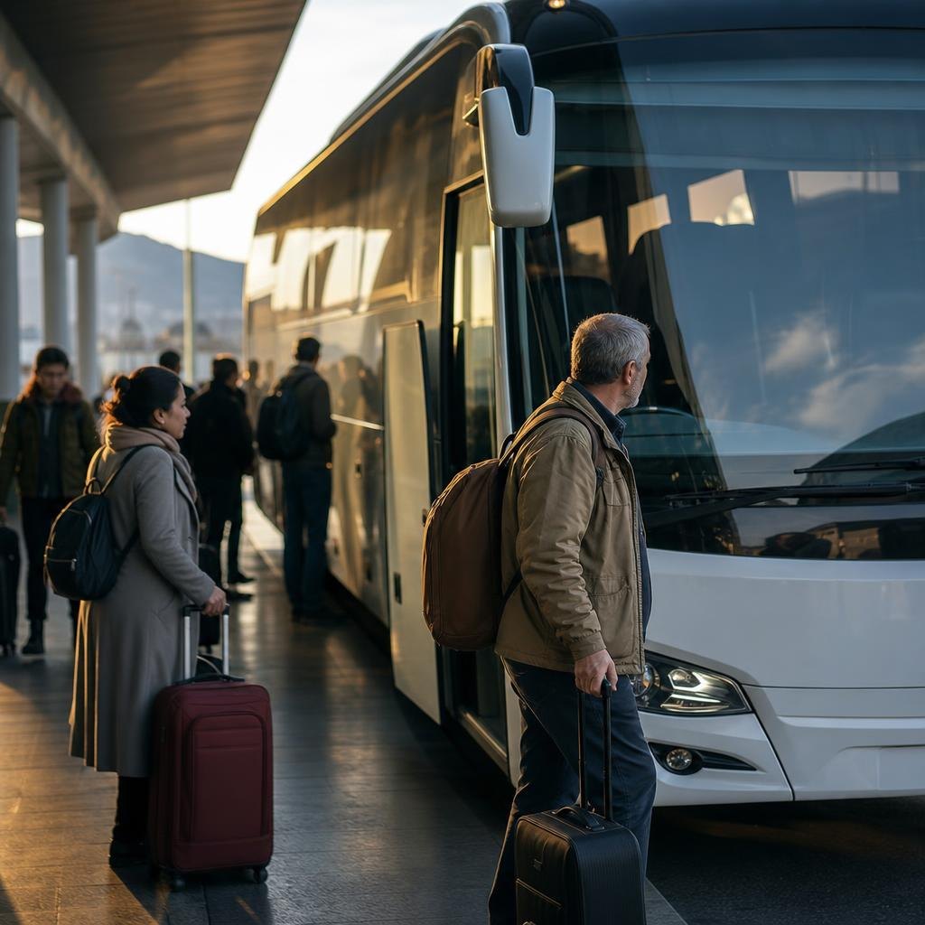 Şehirlerarası otobüs terminalinde yolcular ve perondaki otobüs