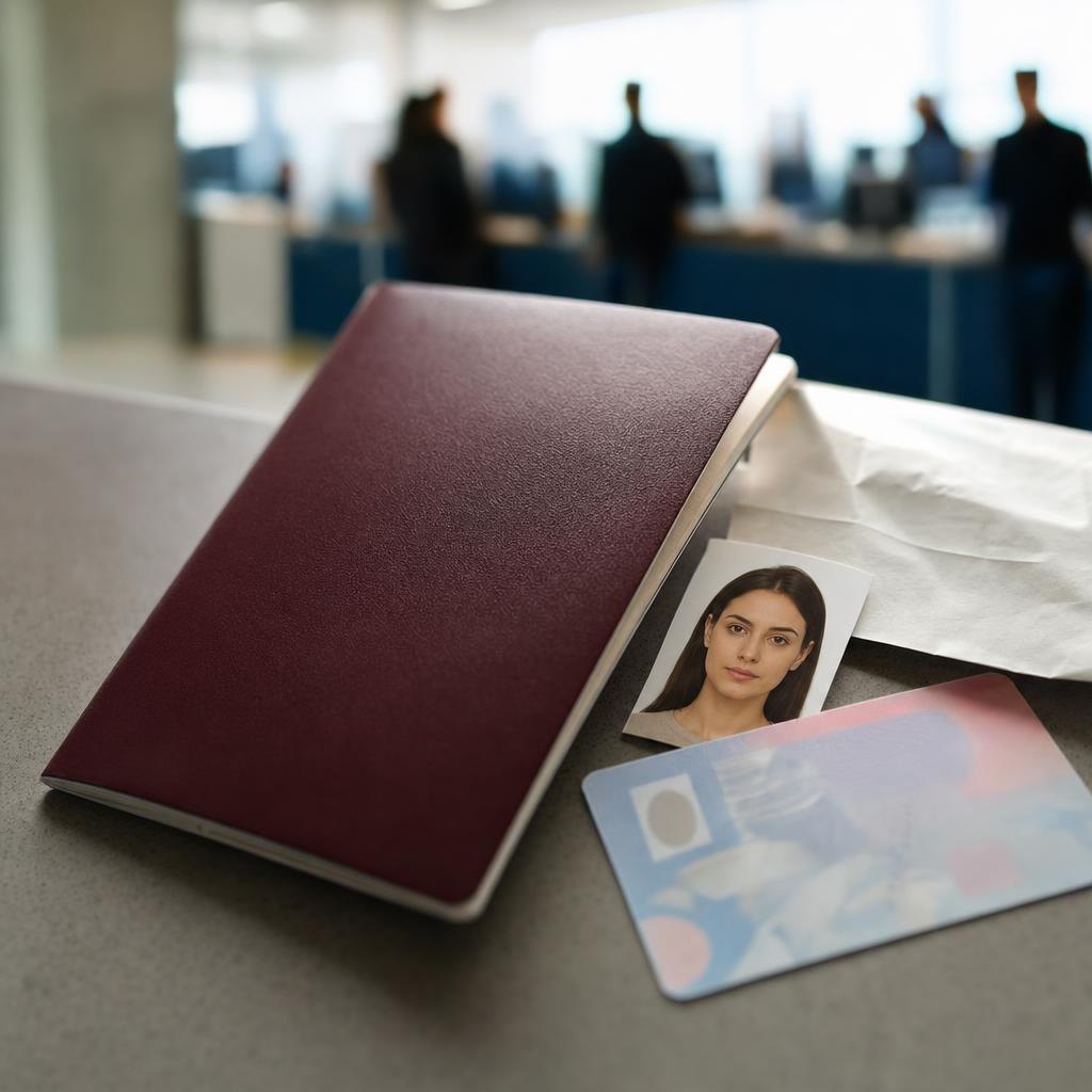 Pasaport evrakları ve ödeme makbuzu ile hazırlanmış düzenli başvuru masası.