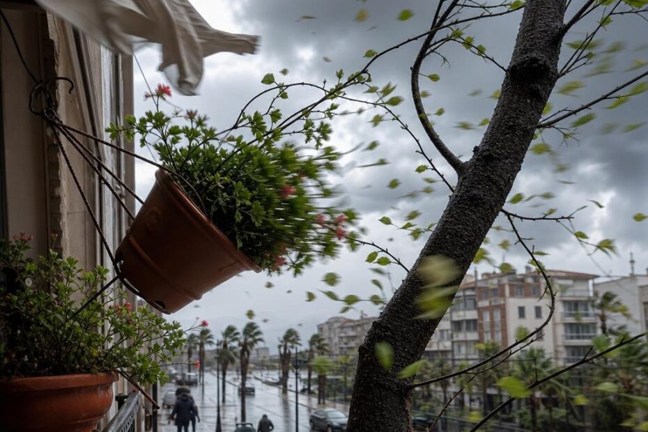 Şiddetli rüzgâr uyarısının şehir yaşamına etkisini gösteren foto-gerçekçi sahne