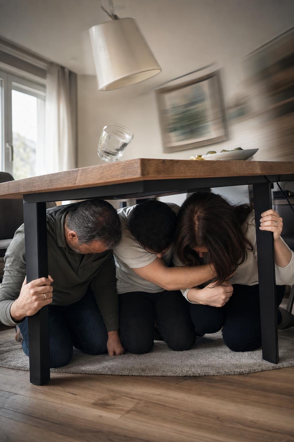 Deprem anında güvenli pozisyon alan bir aile