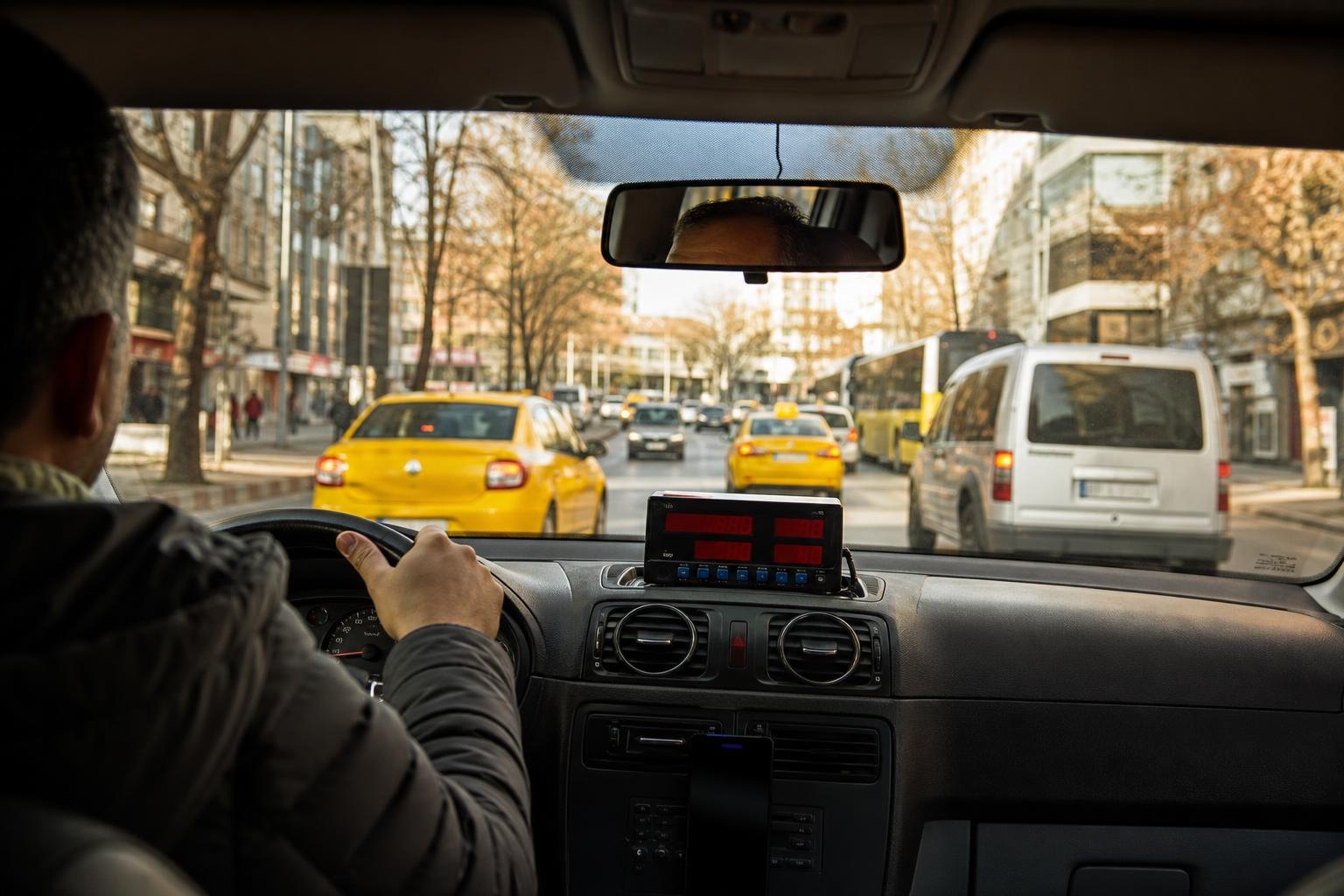 Şehir trafiğinde çalışan dijital taksimetre bulunan sarı taksi